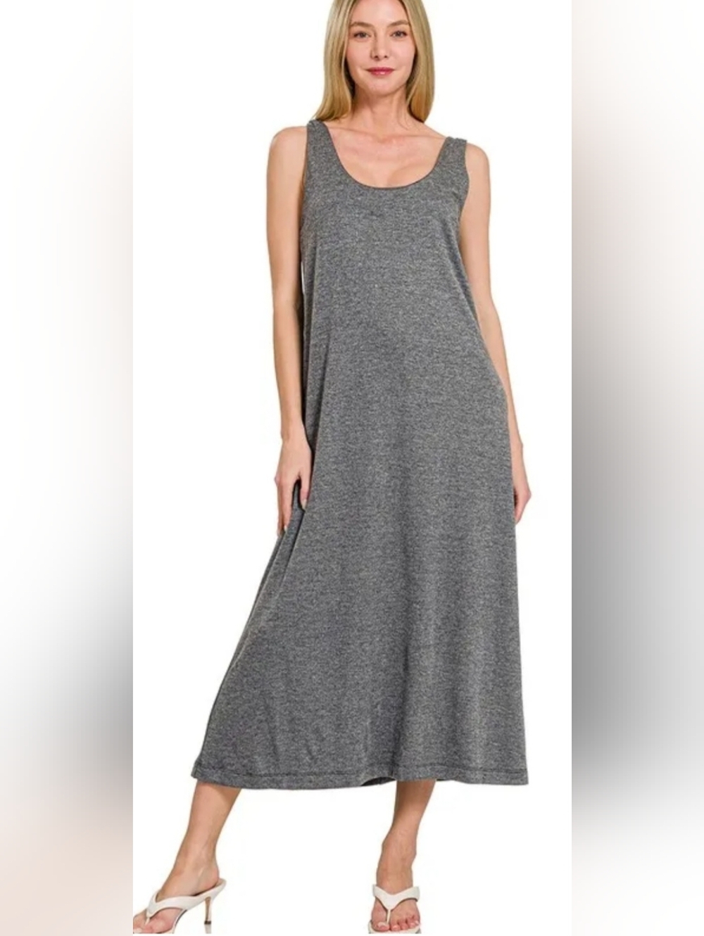 Zenana French Terry Twisted Strap Maxi Womens Dress Heathered Black